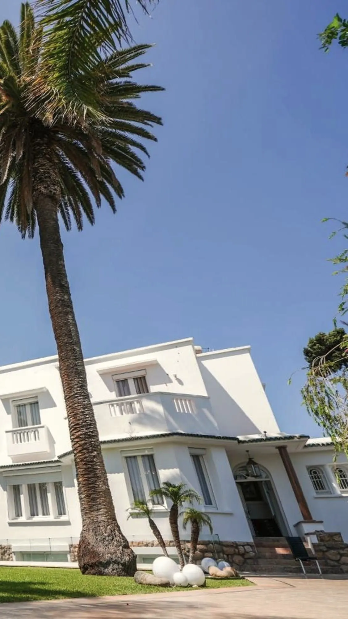 The white villa under its tall palms, seen from the lawn.